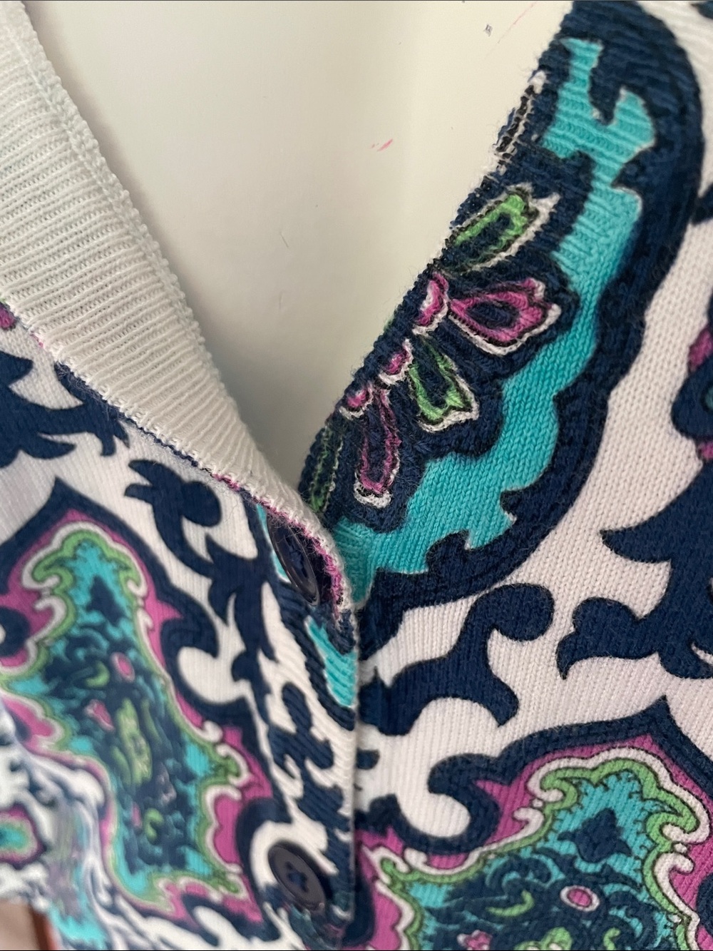 Talbots Teal, Navy & White Medallion Cardigan - Picture 4 of 9